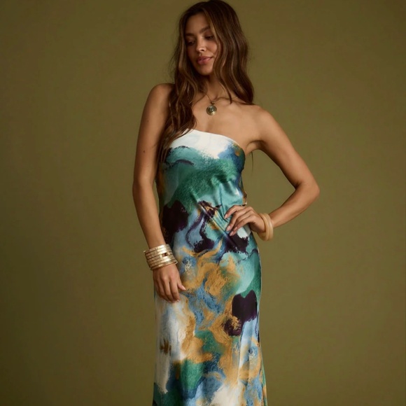 Natalia Blue and Gold Watercolor Strapless Maxi Dress (NWT) - Picture 1 of 5